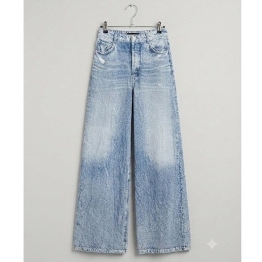 Fate High Waisted Wide Leg Acid Wash Distressed Sweatpants Jeans Blue S Relaxed